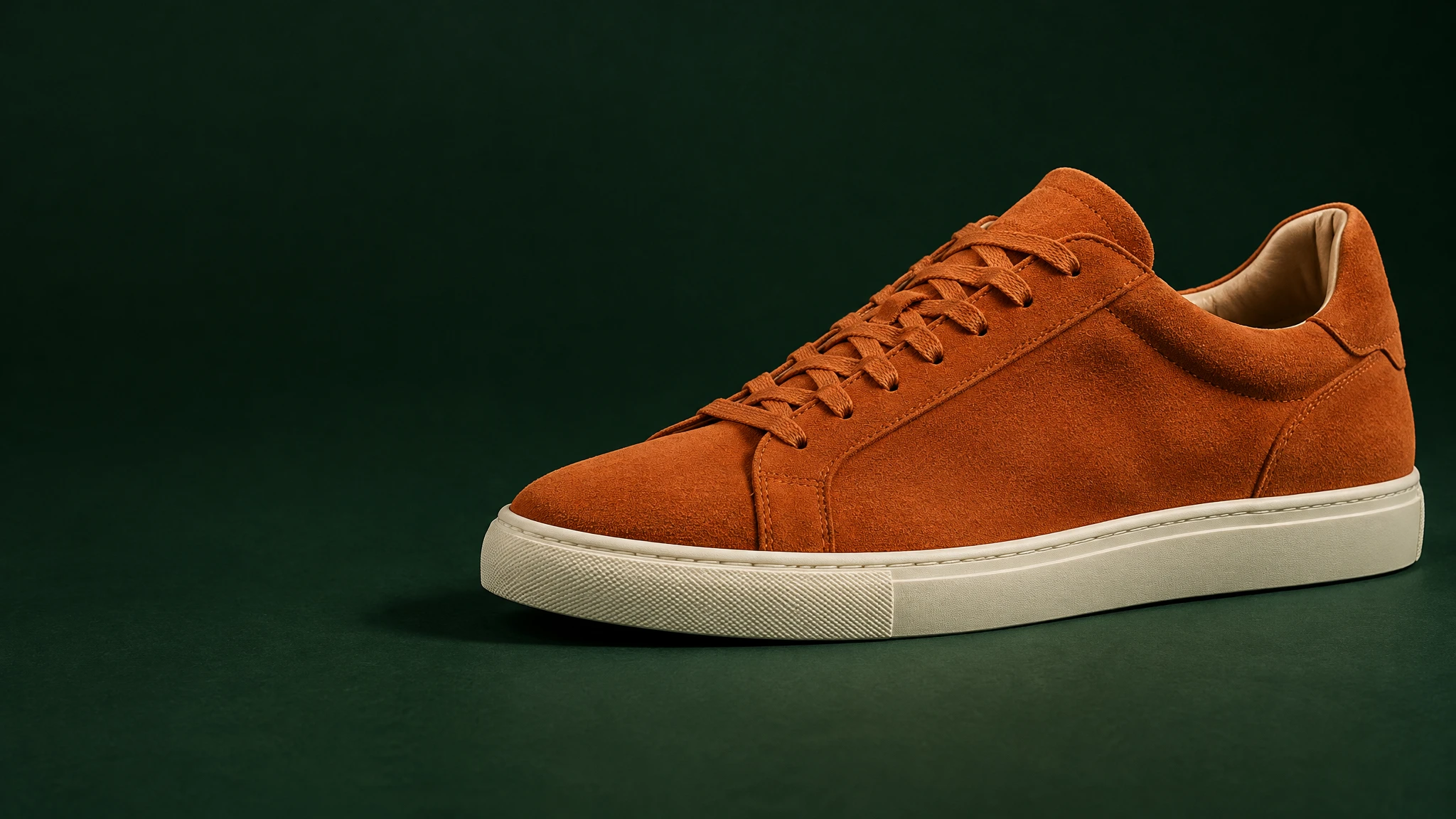 Orange suede sneaker photographed on a dark green surface